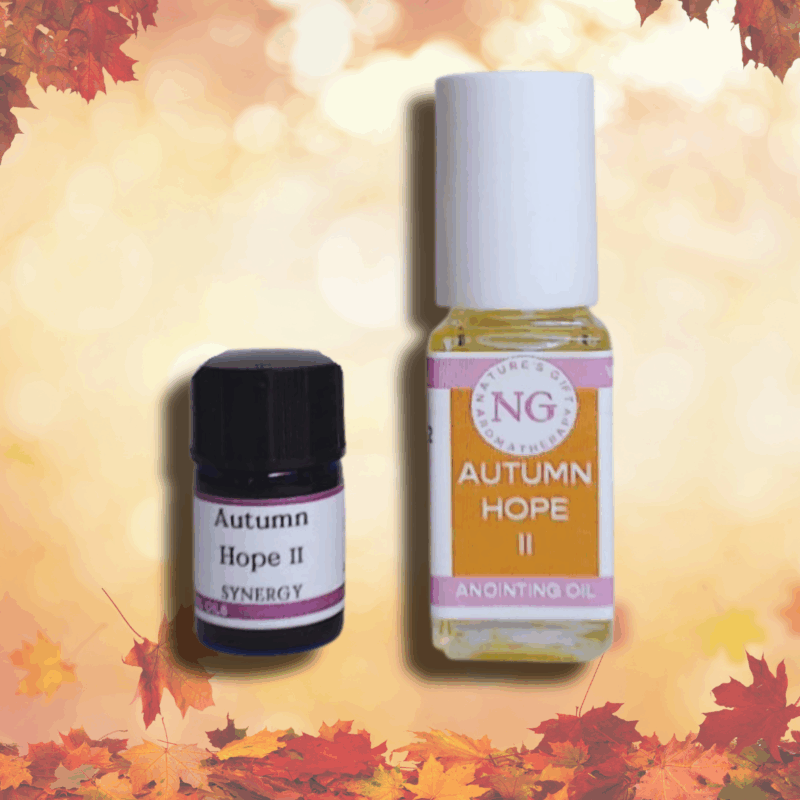 Autumn Hope in a 4ml roller bottle and a 2ml coblt glass with leaves background golden